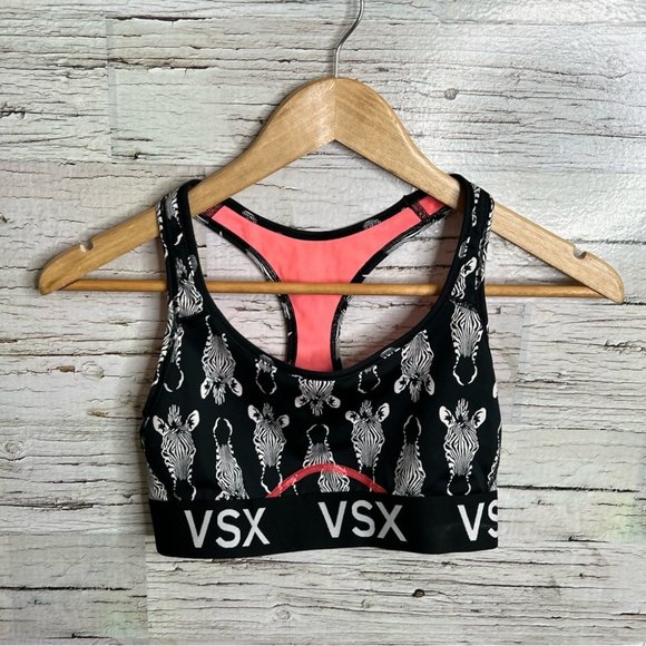 VSX Victoria Secret Sports Bra Racerback Zebra Black White Pink Size small - Picture 1 of 8